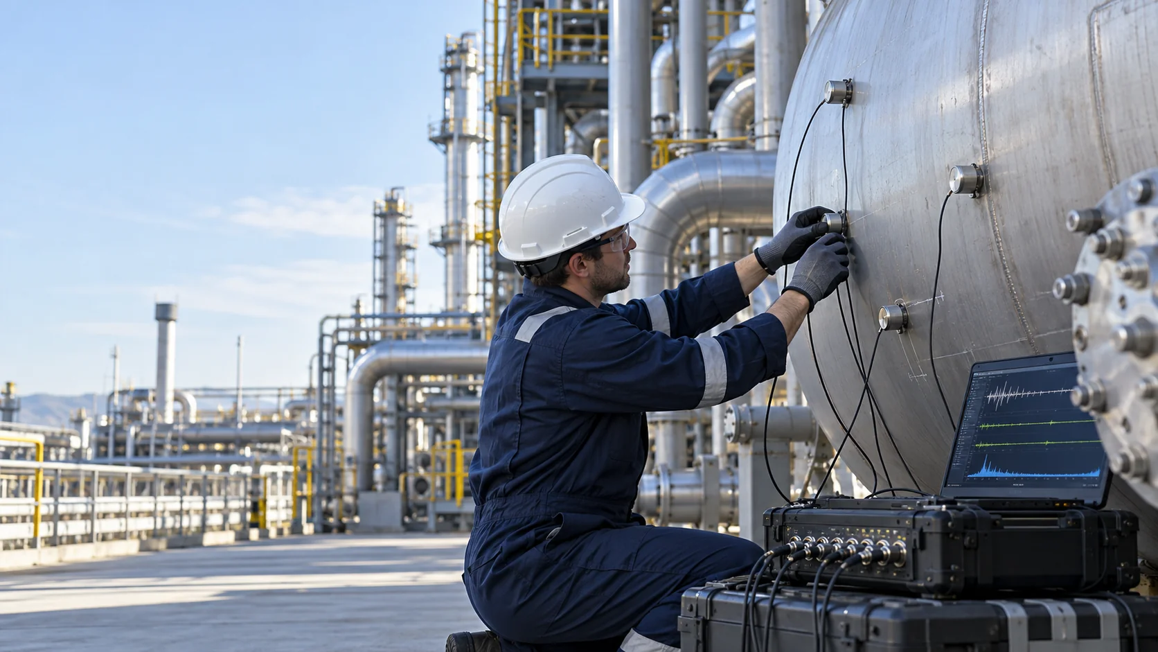 Acoustic emission sensor installation on industrial pressure equipment
