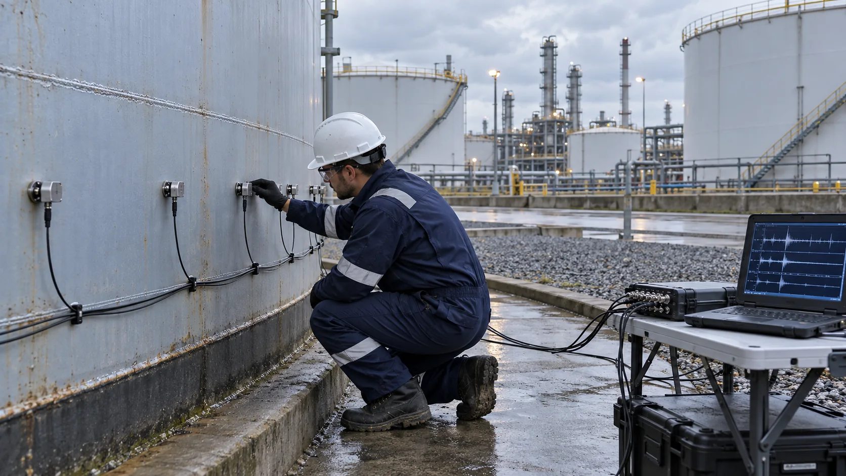 Acoustic emission sensor monitoring on an industrial storage tank